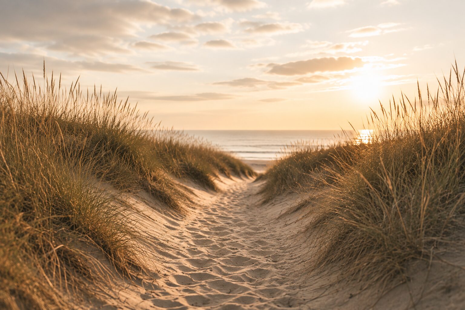 Pfad durch Dünen zum Meer bei Sonnenuntergang, Sinnbild für Aufbruch und Klarheit